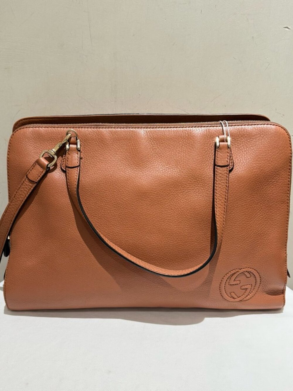 Gucci Soho Large Brown Pebbled Calfskin Tote Briefcase Handbag